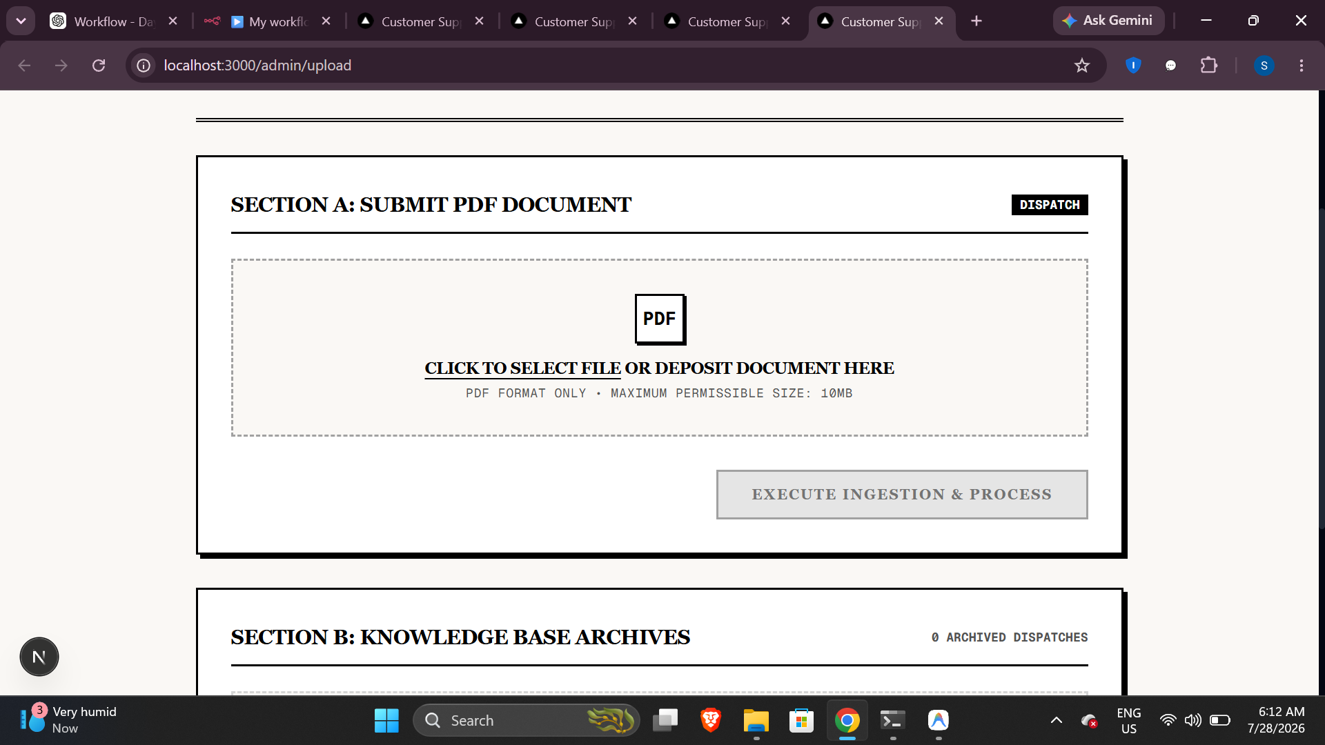 Step 1: Knowledge Base Upload — The administrator uploads company PDF documents through the admin dashboard. Once uploaded, the document is processed automatically, allowing the AI assistant to answer customer queries using the latest company information.